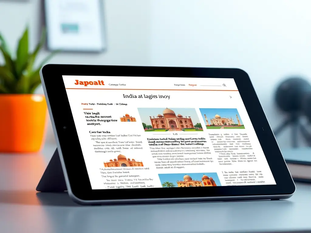 A visually appealing article layout on a tablet screen, highlighting key points and engaging visuals, with a focus on Indian culture and innovation.